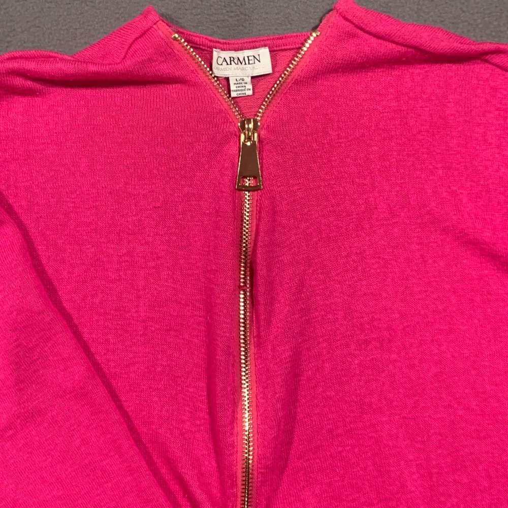 Carmen Marc Valvo Hot Pink Quarter Zip Pullover Knit Top Gold Zipper Womens L - Picture 4 of 7